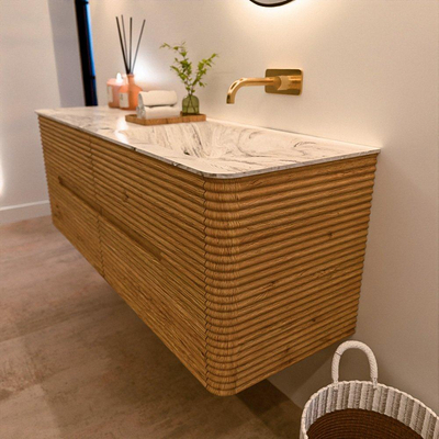 Mondiaz CIRO-DLUX Badkamermeubelset - 140x45x50cm - Solid surface wastafel Glace - 1 wasbak Rechts - zonder kraangaten - 4 lades - Oak