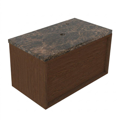 Saniclass Holz Frame Ensemble meuble de salle de bains - 80x45x43cm - plan de travail en pierre naturelle Noche dark emperador - 1 trou de robinetterie - 1 tiroir - noyer pur mat (bois)