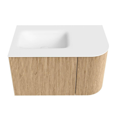 MONDIAZ KURVE 75cm Meuble salle de bain avec module 25 D - couleur Oak - 1 tiroir - 1 porte - vasque GRUNNE gauche - sans trous de robinet - Talc