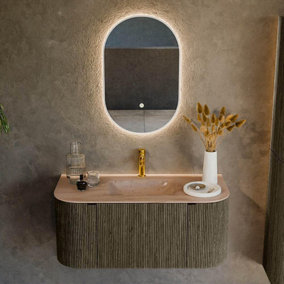 MONDIAZ KURVE-DLUX Meuble de salle de bains 100cm arrondi Gauche + Droite couleur Shadow avec 1 tiroir et 2 portes. Lavabo GRUNNE Central 1 trou de robinet Saba.