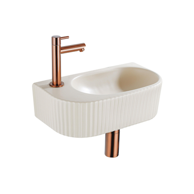 QeramiQ Fuente Ensemble de lavabo - 40x21.5x12cm - gauche - nervuré - demi-rond - 1 trou de robinet - céramique - robinet de lave-mains cuivre brossé - bouchon de vidange - siphon abaissé - beige