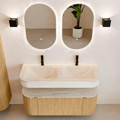MONDIAZ THOR-DLUX 120cm badmeubel ronding links + rechts kleur Oak met 1 lade en 2 deuren. Vrijhangende wastafel CLOUD Dubbel 2 kraangaten kleur Meli.