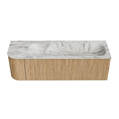 MONDIAZ KURVE-DLUX 145cm Meuble salle de bain avec module 25 G - couleur Oak - 1 tiroir - 1 porte - vasque BIG LARGE droite - 2 trous de robinet - couleur Glace