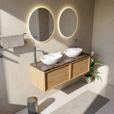 Saniclass Holz Frame Ensemble de meubles de salle de bains - 140x45x43cm - Plan en pierre naturelle Noche dark emperador - 2 trous de robinet - 2 tiroirs - chêne natural mat (bois)