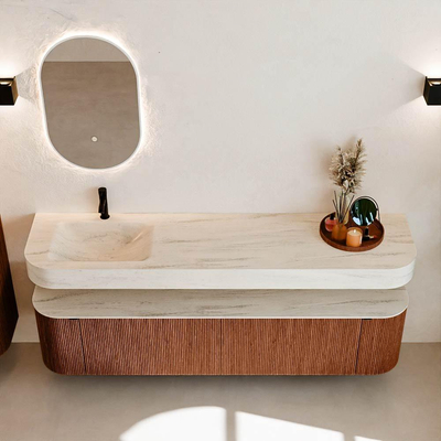 MONDIAZ THOR-DLUX Meuble de salle de bains - 190cm - arrondi gauche + droite - couleur Ruby - 2 tiroirs et 2 portes - Vasque suspendue CLOUD Gauche 1 trou de robinet - couleur Meli