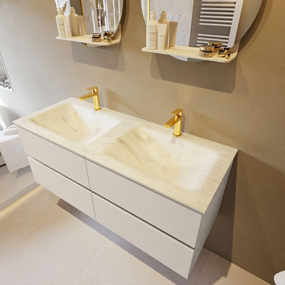 Mondiaz VICA-DLUX ensemble de meuble de salle de bain - 120cm - meuble sous-vasque lin - 4 tiroirs - lavabo encastrée nuage double - 2 trous de robinet - version haute de 60cm - opalo