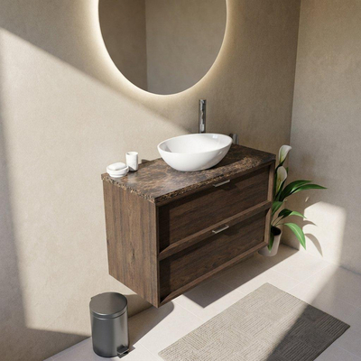 Saniclass Holz Frame Ensemble meuble de salle de bains - 100x45x63cm - Plan de travail en pierre naturelle Noche dark emperador - 1 trou de robinet - 2 tiroirs - chêne charcoal mat (bois)