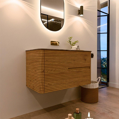 Mondiaz CIRO-DLUX Meuble de salle de bains - 90x45x50cm - Plan vasque solid surface Sombra - 1 vasque au milieu - sans trous de robinet - 2 tiroirs - Chêne