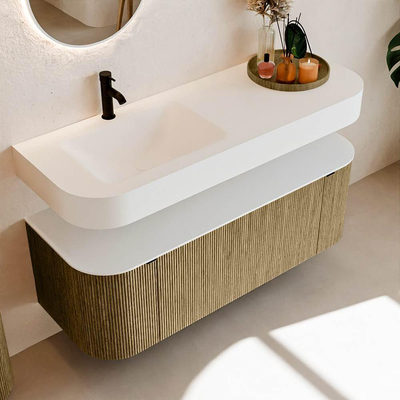 MONDIAZ THOR 130cm meuble de salle de bains arrondi gauche + droite couleur Dusk avec 1 tiroir et 2 portes. Vasque suspendue CLOUD gauche 1 trou de robinet couleur Talc.