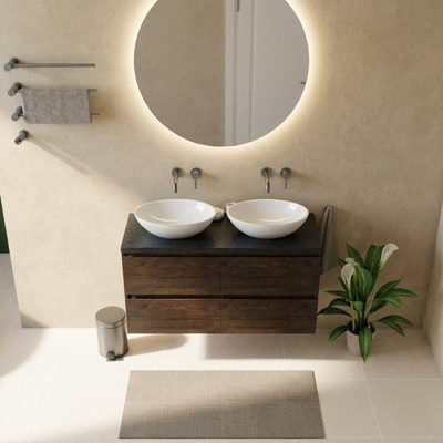 Saniclass Holz Pure Ensemble de meuble de salle de bains - 120x45x63cm - lavabo en basalte Noche poli - 1 vasque - sans trou de robinet - 4 tiroirs - chêne charcoal mat (bois)