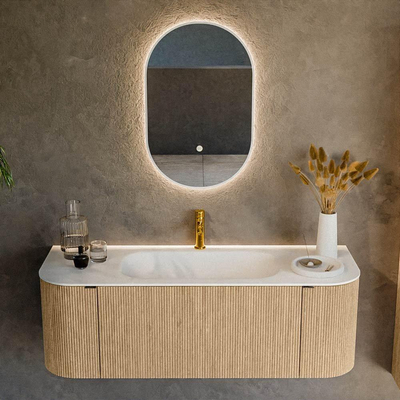 MONDIAZ KURVE 130cm badmeubel met module 25 Len R kleur Oak met 1 lade en 2 deuren. Wastafel BIG SMALL midden 1 kraangat Talc.