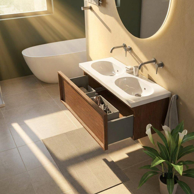 Saniclass Holz Frame Ensemble meuble de salle de bains - 120x45x43.5cm - lavabo en céramique Palermo blanc - 2 vasques - sans trous de robinetterie - 1 tiroir - walnut pure mat (bois)