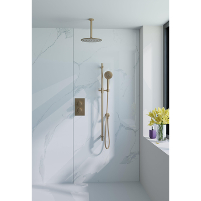 Fortifura Calvi Inbouw Regendoucheset - thermostatisch - plafondarm - glijstang - 30cm - hoofddouche - ronde handdouche - gladde doucheslang - PVD - geborsteld messing (goud)