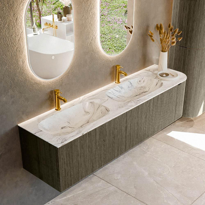 Mondiaz KURVE-DLUX Ensemble de meuble de salle de bains - 175x46x40cm - 2 tiroirs - 1 porte - lavabo solid surface - double / gauche - 2 trous de robinet - Shadow