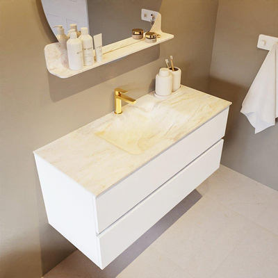 Mondiaz VICA-DLUX ensemble de meuble de salle de bain - 110cm - meuble sous lavabo talc - 2 tiroirs - lavabo encastré cloud milieu - 1 trou de robinet - miroir modèle spot - version XL 60cm haut - ostra