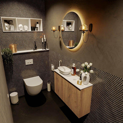 Mondiaz fowy armoire de toilette 80x50x23cm chêne lavé mat 1 trou pour robinetterie lavabo : gauche 2 portes solid surface avec plan mélaminé couleur lavabo : blanc