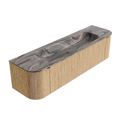 MONDIAZ KURVE-DLUX meuble de salle de bains 170cm arrondi Gauche + Droite couleur Chêne avec 1 tiroir et 2 portes. Lavabo BIG LARGE Central 2 trous de robinet Sombra.