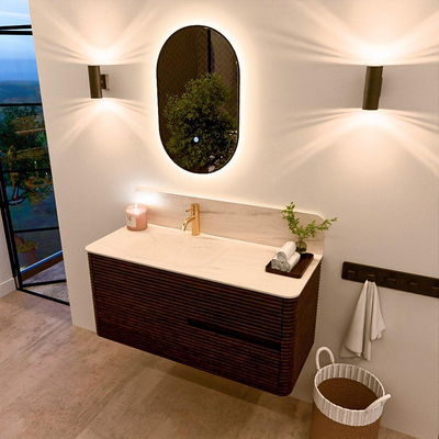 Mondiaz CIRO-DLUX Ensemble de meubles de salle de bains - 110x45x50cm - Lavabo en solid surface Meli - 1 vasque à gauche - 1 trou de robinet - 2 tiroirs - Noyer