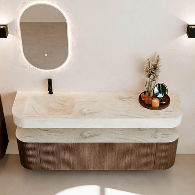 MONDIAZ THOR-DLUX 170cm badmeubel ronding links + rechts kleur Walnut met 1 lade en 2 deuren. Vrijhangende wastafel CLOUD Links 1 kraangat kleur Ostra.