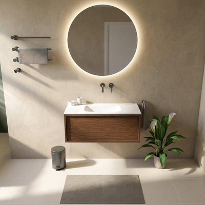 Saniclass Holz Frame Ensemble meuble de salle de bains - 100x45x41.5cm - Flow lavabo en solid surface blanc - 1 vasque - sans trou de robinet - 1 tiroir - mat walnut pure (bois)