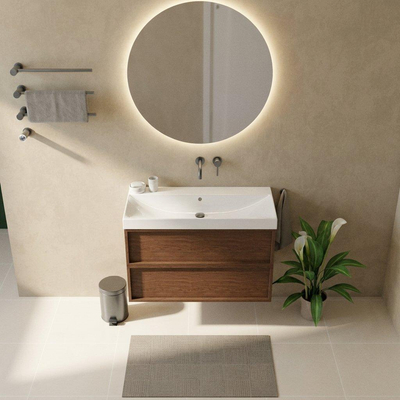 Saniclass Holz Frame Ensemble meuble de salle de bains - 100x45x67.5cm - Wave lavabo en céramique - 1 vasque - sans trou de robinetterie - 2 tiroirs - walnut pure mat (bois)