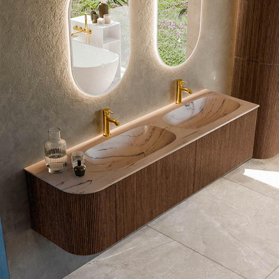 MONDIAZ KURVE-DLUX 165cm meuble de salle de bains arrondi gauche couleur Walnut avec 2 tiroirs et 1 porte. Lavabo STOR SMALL Double / Droite 2 trous de robinet Arena.