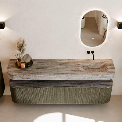 MONDIAZ THOR-DLUX Meuble de salle de bains 190cm arrondi gauche + droite couleur Shadow avec 2 tiroirs et 2 portes. Vasque suspendue CLOUD Droite sans trou de robinet couleur Oza.