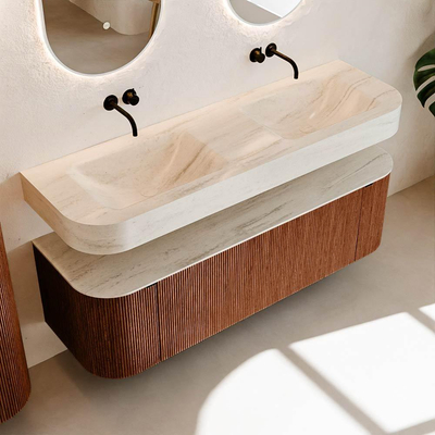 MONDIAZ THOR-DLUX 150cm meuble de salle de bains arrondi gauche + droite couleur Ruby avec 1 tiroir et 2 portes. Vasque suspendue CLOUD Double sans trou de robinet couleur Meli.