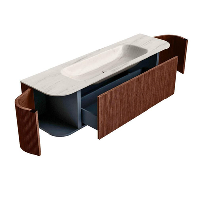 MONDIAZ KURVE-DLUX Meuble de salle de bains 160cm arrondi gauche + droite couleur Ruby avec 1 tiroir et 2 portes. Vasque BIG MEDIUM centrale sans trou de robinet Meli.