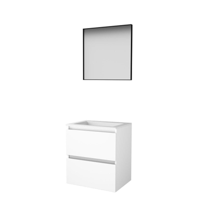 Basic-Line Framed 46 badkamermeubelset - 60x46cm - greeploos - 2 lades - acryl wastafel - 0 kraangaten - Spiegel - mat zwart aluminium frame - rondom - MDF lak Ice White