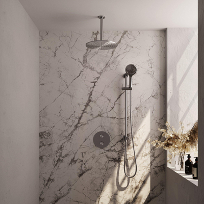 BRAUER Brushed Edition douche de pluie encastrée thermostatique - 3 voies - ronde - set 96 - pomme de douche 30cm - bras de plafond - douchette 3 jets - flexible de douche - barre de douche intégrée - inox brossé PVD