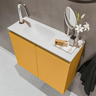 MONDIAZ TURE Toiletmeubel 60x23x50cm met 1 kraangaten 2 deuren ocher mat Wastafel Eden links Solid Surface Wit