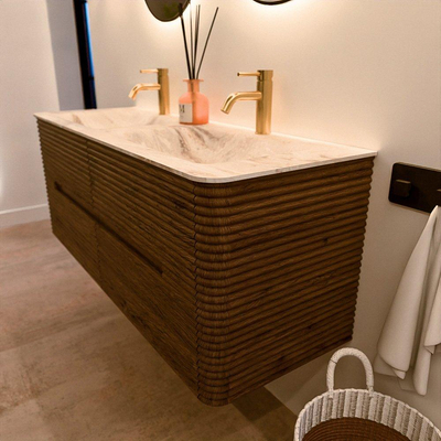 Mondiaz CIRO-DLUX Badkamermeubelset - 130x45x50cm - Solid surface wastafel Frappe - 2 wasbak Dubbel - 2 kraangaten - 4 lades - Dusk