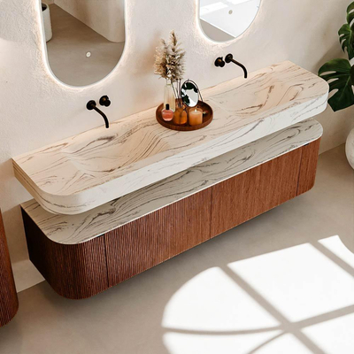 MONDIAZ THOR-DLUX Meuble de salle de bains - 190cm - arrondi gauche + droite - couleur Ruby - 2 tiroirs et 2 portes - Vasque suspendue CLOUD Double sans trou de robinet - couleur Nata