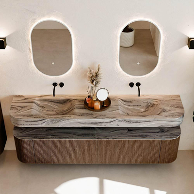 MONDIAZ THOR-DLUX 200cm meuble de salle de bains arrondi gauche + droite couleur Walnut avec 2 tiroirs et 2 portes. Vasque suspendue CLOUD Double sans trou de robinet couleur Sombra.