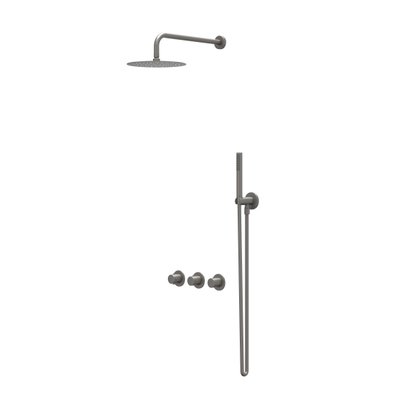 IVY Bond Ensemble de douche pluie - encastrable - symétrie - 2 robinets d'arrêt - bras mural 40 cm - pomme de douche medium 20 cm - barre curseur avec sortie - flexible de douche 150 cm - douchette 3 jets - Metal black brossé PVD