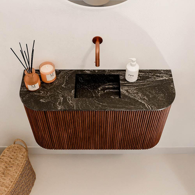 Mondiaz JOYA-DLUX 73.2cm meuble de salle de bains - arrondi gauche et droite couleur Ruby - Vasque FAYE position Milieu Sans trou de robinet couleur Lava.
