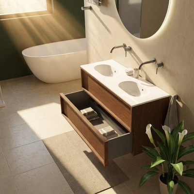 Saniclass Holz Frame Ensemble de meubles de salle de bains - 120x45x74cm - lavabo Chaci en céramique blanc - 2 vasques - sans trous de robinetterie - 2 tiroirs - walnut pure mat (bois)