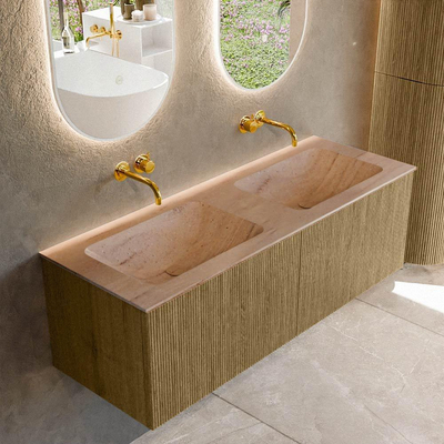 MONDIAZ KURVE-DLUX Meuble de salle de bains 130 cm couleur Dusk avec 2 tiroirs et 0 porte. Lavabo LEAF Double sans trou de robinet Saba.