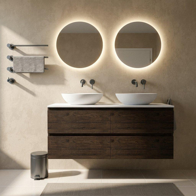 Saniclass Holz Pure Ensemble meuble de salle de bains - 140x45x62.5cm - plan de toilette Torino en solid surface blanc - sans trou de robinet - 4 tiroirs - chêne charcoal mat (bois)