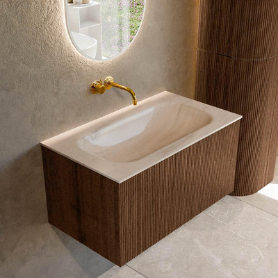 MONDIAZ KURVE-DLUX Meuble de salle de bains 80 cm couleur Walnut avec 1 tiroir et 0 portes. Lavabo BIG SMALL Central sans trou de robinet Meli.