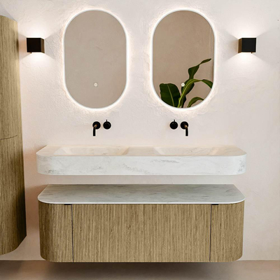 MONDIAZ THOR-DLUX 140cm meuble de salle de bains arrondi gauche + droite couleur Dusk avec 1 tiroir et 2 portes. Vasque suspendue CLOUD Double sans trou de robinet couleur Opalo.