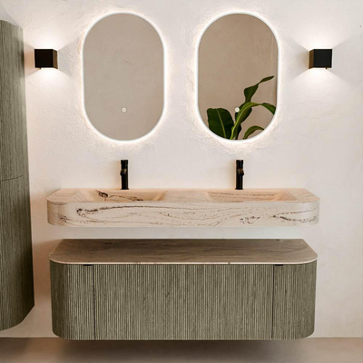 MONDIAZ THOR-DLUX 140cm meuble de salle de bains arrondi gauche + droite couleur Shadow avec 1 tiroir et 2 portes. Vasque suspendue CLOUD Double 2 trous de robinet couleur Arena.