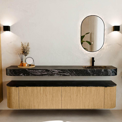 MONDIAZ THOR-DLUX 200cm meuble de salle de bains arrondi gauche + droite couleur Chêne avec 2 tiroirs et 2 portes. Vasque suspendue CLOUD Droite 1 trou de robinet couleur Lava.