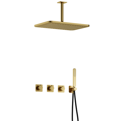 Hotbath Gal IBSGL70 Thermostatische doucheset inbouw - 2 stopkranen - 15cm plafondarm - 27cm rechtoekige hoofddouche - staafhanddouche - messing geborsteld PVD