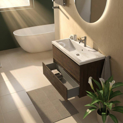 Saniclass Holz Pure Ensemble meuble de salle de bains - 100x45x63.5cm - Bari lavabo en céramique blanc - 1 vasque - 1 trou de robinetterie - 2 tiroirs - chêne charcoal mat (bois)