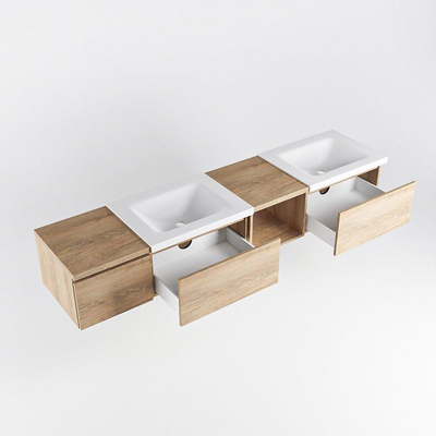 MONDIAZ BUKLA 200cm badmeubel met open module 40 rechts kleur Washed Oak met 3 lades. Wastafel CLOUD dubbel 2 kraangaten kleur Talc.