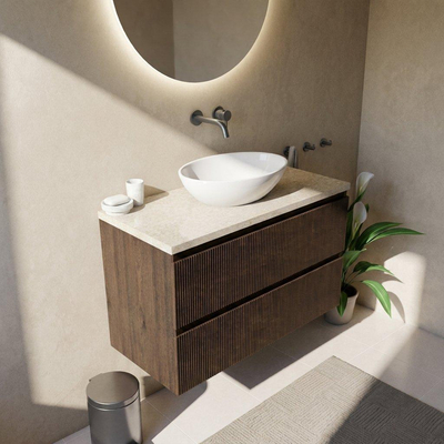 Saniclass Holz Atelier Ensemble de meubles de salle de bains - 100x45x63cm - Plan de toilette en pierre naturelle travertin - sans trou de robinetterie - 2 tiroirs - chêne charcoal mat (bois)