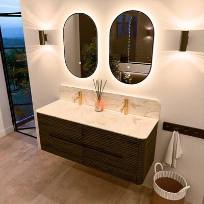 Mondiaz CIRO-DLUX Badkamermeubelset - 130x45x50cm - Solid surface wastafel Ostra - 2 wasbak Dubbel - 2 kraangaten - 4 lades - Shadow