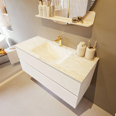 Mondiaz VICA-DLUX ensemble de meuble de salle de bain - 110cm - meuble sous lavabo talc - 2 tiroirs - lavabo encastré cloud milieu - 1 trou de robinet - miroir modèle spot - version XL 60cm haut - ostra